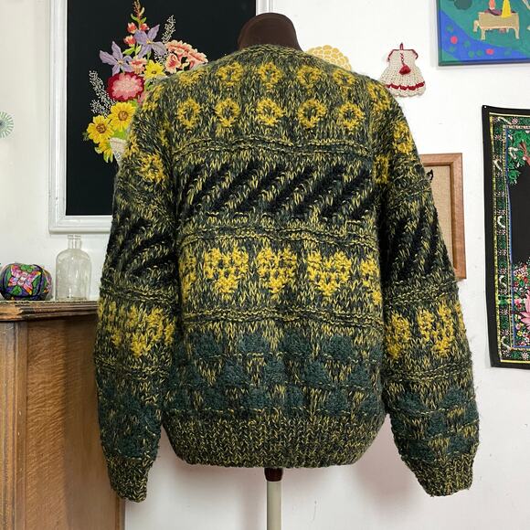 Vintage Green & Gold Grandpa Cardigan, 1970s Hand Knit Button Front Sweater Sz L - Picture 7 of 11